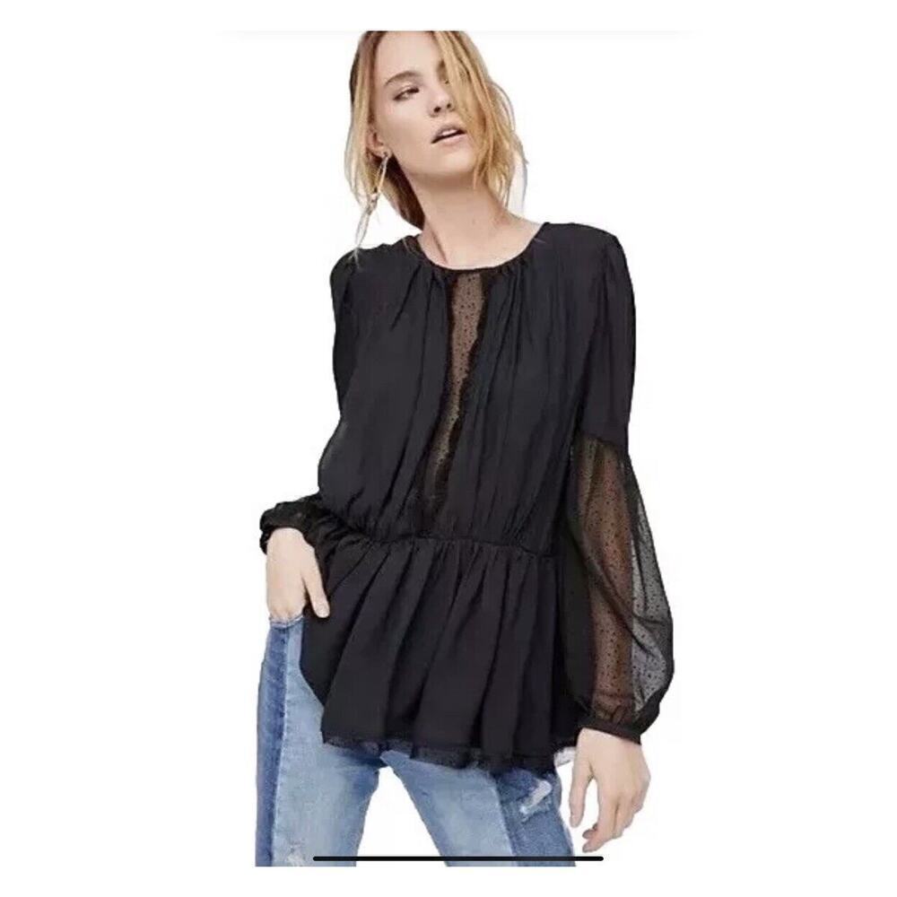 Free People Soul Serene Top Size M Black Sheer Accents Blouse Peasant Boho - Picture 1 of 10